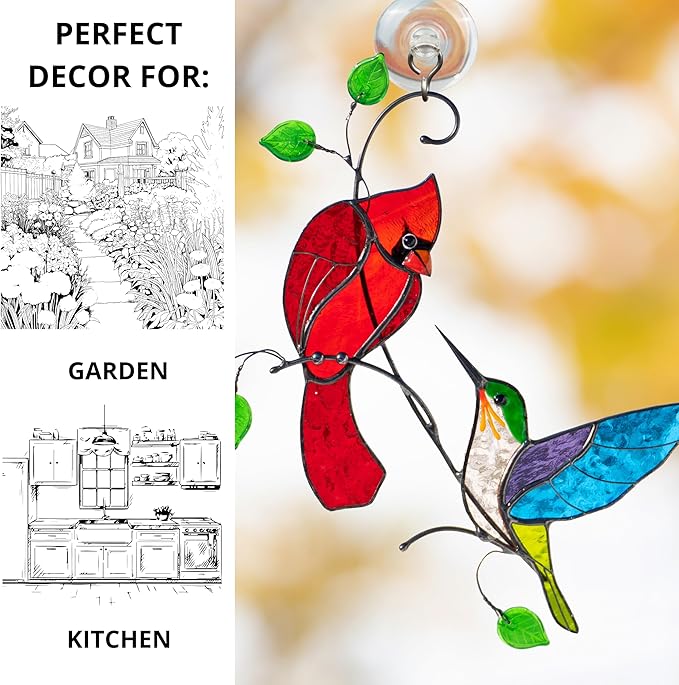 Hummingbird Cardinal Birds Stained Glass Suncatcher Genuine Stained Glass Window Hangings Unique Indoor Ornament & Outdoor Decor (Cardinal and Hummingbird)
