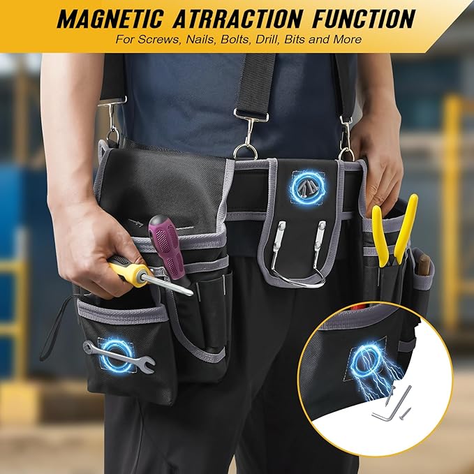 Tool Belts for Men with Suspenders - Magnetic Tool Pouch 26 Pockets Heavy Duty Work Belts - Detachable Adjustable Tool belt Pouch Bag for Electrician, Carpenter, Construction