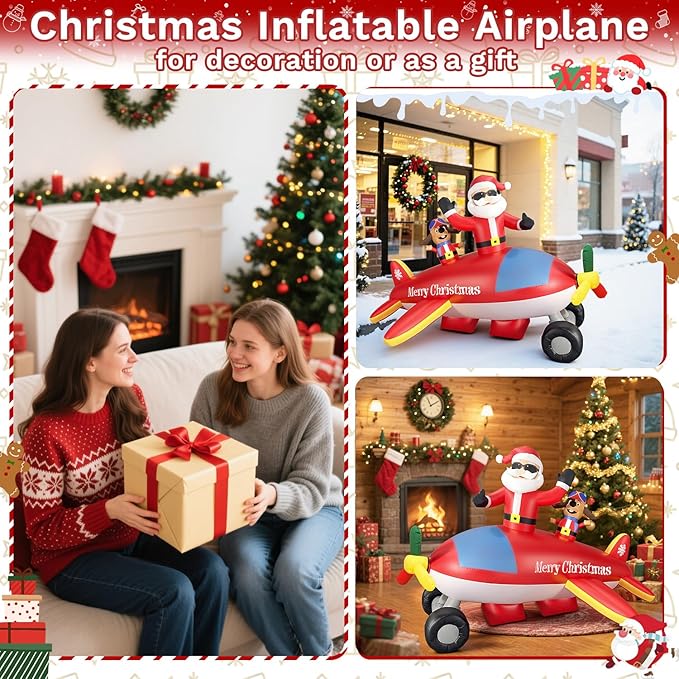 8FT Christmas Inflatables Airplane Outdoor Decorations Santa Claus on Flying Animated Helicopter Built-in LED Lights Xmas Inflatable Blow Up Christmas Yard Decor for Gardern Lawn Indoor Winter Holiday