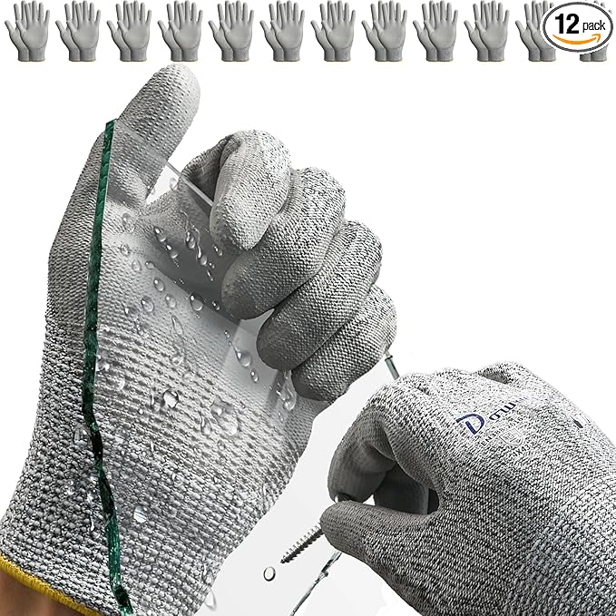 Dowellife 12 Pairs Level 5 Cut Resistant Work Gloves for Men and Women, PU Coated Breathable Gardening Gloves, Thin Flexible and Firm Grip for Mechanics and Fishing (Medium, Grey)