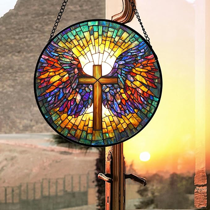 Stained Glass Window Hanging - Jesus Cross Wings Suncatcher Ready to Hang Window Doors Home Decoration and Christmas, Mother's Day Birthday Gifts for Women, Men, and Mom 14.9x14.9 in