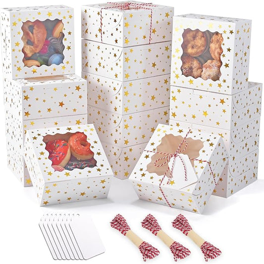 32Pcs 6x6x3 in Christmas Cookie Boxes with Window, White Bakery Boxes for Cookie, Treat Boxes Pastry Boxes for Gift Giving, Chocolate Covered Strawberries, Dessert, Donut, Cupcakes Muffins