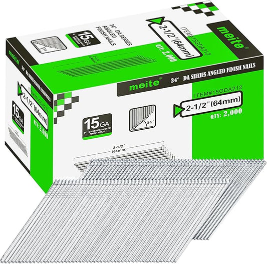 meite 15 Gauge Angled Finish Nails, 2-1/2-Inch 34 Degree Angled Galvanized Finishing Nails for Nailer Guns - Perfect for Window Trim, Cabinet Building and Other DIY Projects (2,000 Counts)
