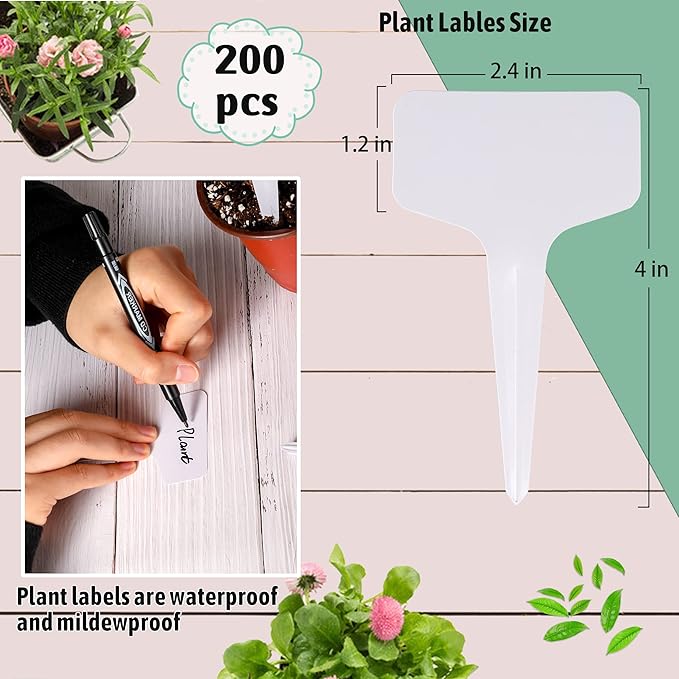 200pcs 4 Inch T-Type Plant Name Tags - Waterproof Plastic Garden Labels with Permanent Marking Pen