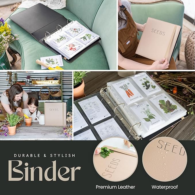 Seed Storage Binder – Seed Packet Organizer w/50 Sheet Protectors & Protective Flap-Top Inserts Stores 200 Envelopes Binder w/5 Dividers for Sorting Seeds & Gardening Supplies