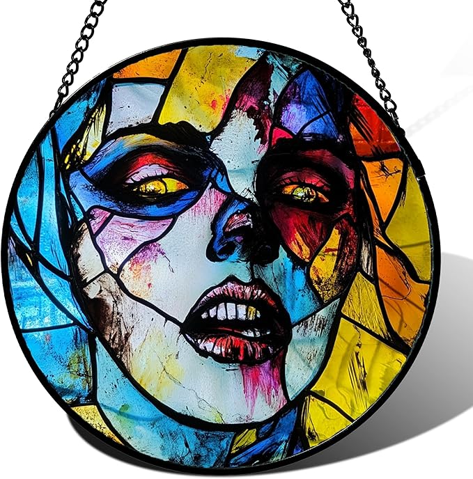 Stained Glass Window Hanging Halloween Horror Night Bloodstained Face 6.3" - Suncatcher Door Garden Sun Catcher Gothic Decor Birthday Evil Funny Gift for Mom Woman Nana Friend Men