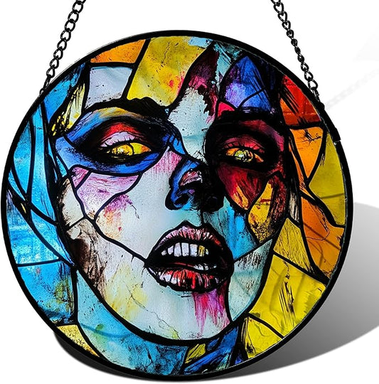 Stained Glass Window Hanging Halloween Horror Night Bloodstained Face 9.8" - Suncatcher Door Garden Sun Catcher Gothic Decor Birthday Evil Funny Gift for Mom Woman Nana Friend Men