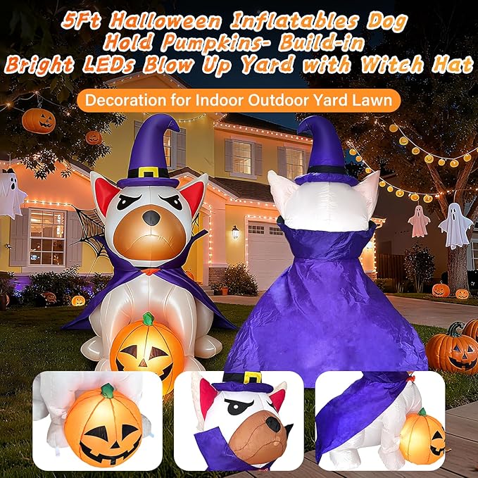 5.0Ft Halloween Inflatables Dog Decorations: Outdoor Vivid Lab Dog with Build-in Bright LED Blow Up Yard Decoration with Witch Hat Halloween Decor for Holiday Party Indoor Garden Lawn Home