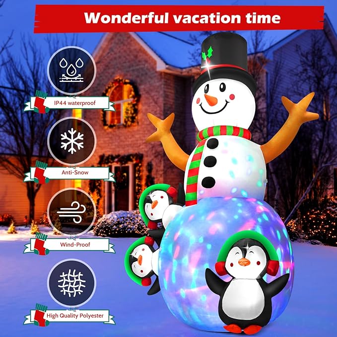 6.3 FT Christmas Inflatable Snowman Outdoor Decoration with Build-in Multicolor LEDs, Snowman with 3 Penguins Blow Up Inflatables Christmas for Yard Garden Lawn Xmas Holiday Decor