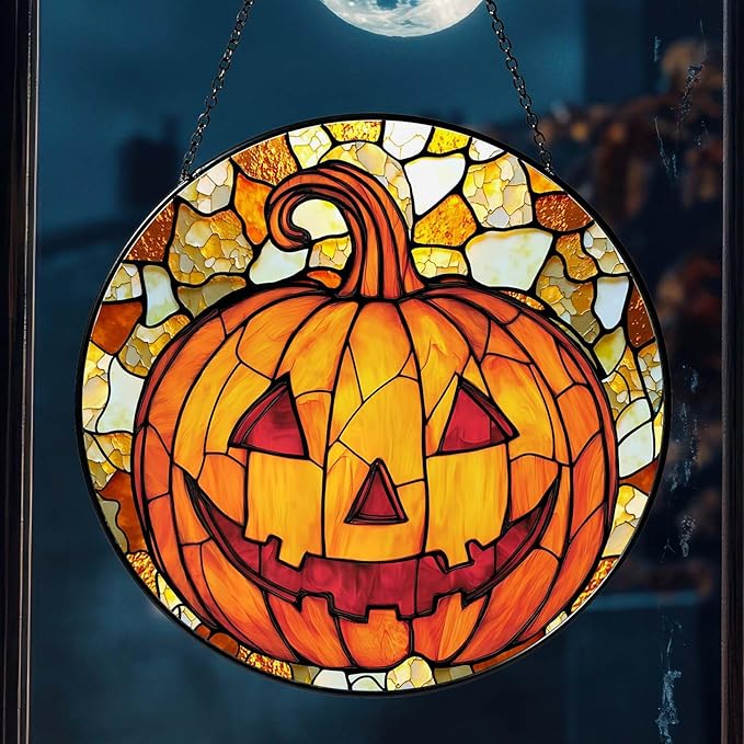 Pumpkin Stained Glass Window Hanging Horror Sun Catcher Decor Halloween Suncatchers for Garden Home Windows Hanging Decoration, 7.87inch