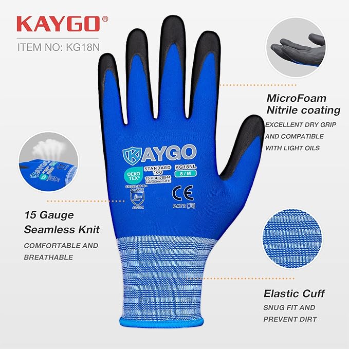 KAYGO Safety Work Gloves MicroFoam Nitrile Coated-3 Pairs, KG18NB,Seamless Knit Nylon Glove with Black Micro-Foam Nitrile Grip,Ideal for General Purpose,Automotive,Home Improvement,Blue XX-Large