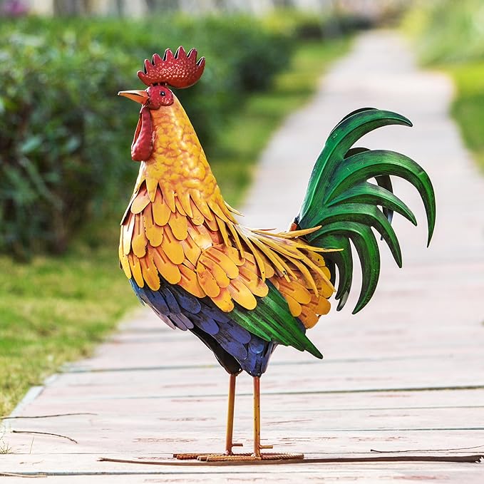 TERESA'S COLLECTIONS Garden Decor, Vivid Rooster Garden Decor with Colorful Painting, 12", Waterproof Metal Garden Statue, Rooster Gifts, Garden Gifts for Women Mom, Indoor/Outdoor
