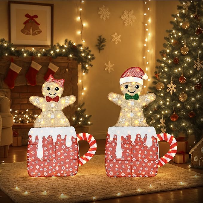42" H Lighted Gingerbread Outdoor Christmas Decorations, Pre-lit Gingerbread Boy & Girl in Hot Cocoa Mug Ornament, 2D Holiday Decors for Lawn Porch Yards, 160 LEDs, Set of 2