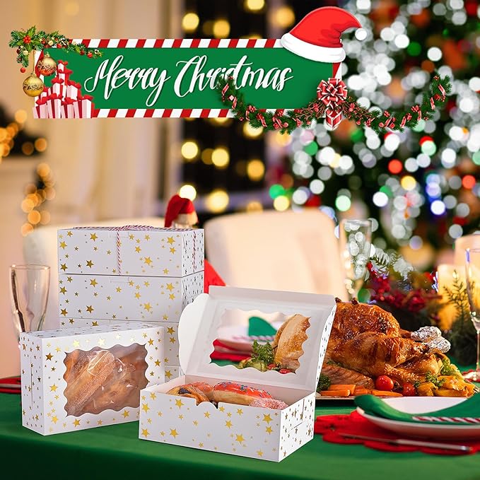 32Pcs 9x6x3 in Christmas Cookie Boxes with Window, White Bakery Boxes for Cookie, Treat Boxes Pastry Boxes for Gift Giving, Chocolate Covered Strawberries, Dessert, Donut, Cupcakes Muffins