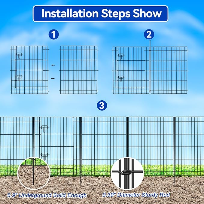 INJOPEXI Decorative Garden Fence 12 Panels 23.6ft (L)×30in (H), Metal Garden Fence 11 Fence Panels + 1 Gate Rustproof Wire No Dig Temporary Garden Fence Animal Barrier Fencing for Yard Outdoor Patio