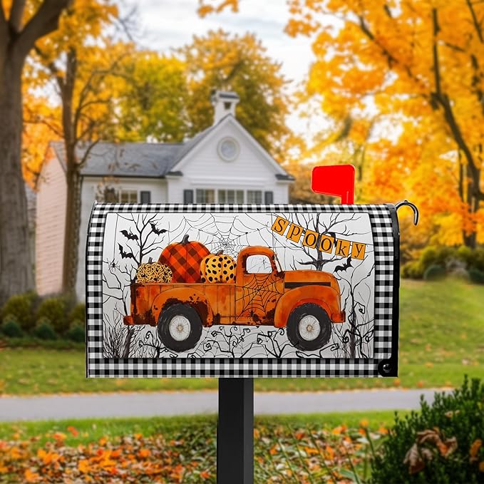 Orange Truck Mailbox Cover Halloween Mailbox Covers Magnetic Standard Size 21x18 inch Spider Web Mail Box Cover Pumpkin Decorative Mailboxes for Outside Garden Fall Autumn Buffalo Plaid