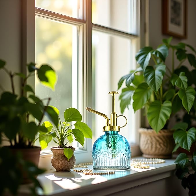 Glass Plant Mister Spray Bottle, Vintage Plant Spritzer, Succulent Watering Bottle Glass with Top Pump, Small Plants Sprayer Watering Can for Indoor Outdoor House(Blue and White)