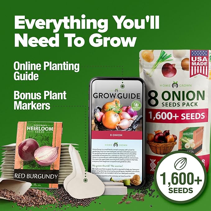 HOME GROWN 8 Onion Seeds for Planting – 1,600 Heirloom Vegetable Seeds – Grow Sweet, Yellow, Red, Spanish, Green & Vidalia Onions in Outdoor or Indoor Home Garden