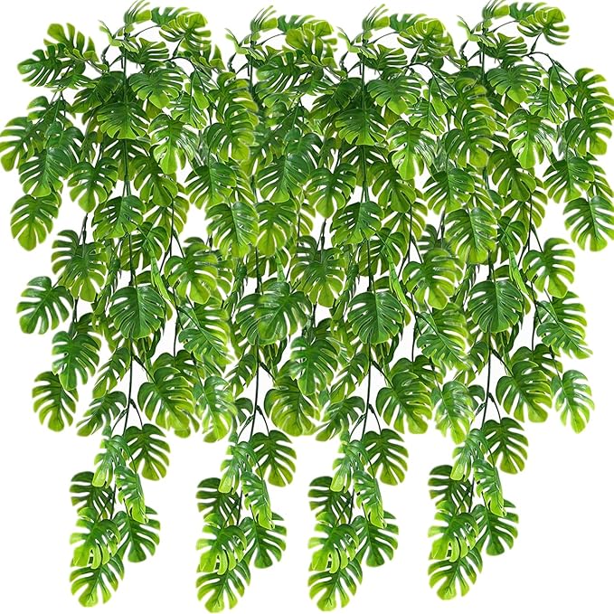 Artificial Hanging Vines 4 Pack, Fake Monstera Leafs Vine Ivy Jungle Leaf Plants Tropical Palm Leaves Rattan for Houseplants Indoor Home Kitchen Garden Outdoor Wall Wedding Decoration