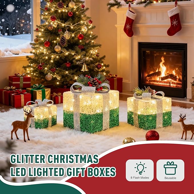 Set of 3 Christmas Lighted Gift Boxes,Outdoor Indoor Christmas Decorations,Plug-in 65 LED Light Up Present Boxes for Christmas Trees Indoor Outdoor Home Yard Lawn Holiday Birthday Party Decor