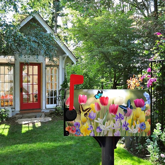 Spring Mailbox Covers Magnetic Tulip Flowers Mailbox Wraps Standard Size 18" X 21" Hello Summer Butterfly Floral Resistant Post Letter Box Cover for Garden Yard Home Outdoor Decoration