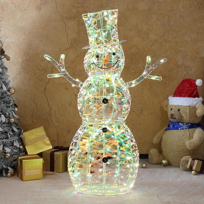 VINGLI 4FT Lighted Iridescent Snowman Christmas Yard Decorations, Prelit 100 Warm White LED Tinsel Snowman, Collapsible Indoor Outdoor Lawn Garden Front Porch Patio Xmas Holiday Decor Display