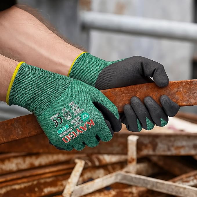 KAYGO Safety Work Gloves MicroFoam Nitrile Coated, 3 Pairs KG18N, Cut Resistant Glove with Abrasion and Oil Resistant Grip, ANSI Cut Level A2, L, Green