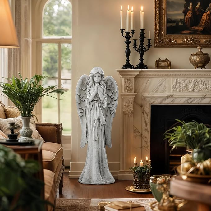 Praying Angel Statue for Outdoor Garden, 31 Inch Large Heavenly Memorial Sculpture,Durable MGO Stone Standing Angels for Yard, Patio or Cemetery Decor,Offering Comfort & Peace, Antique White