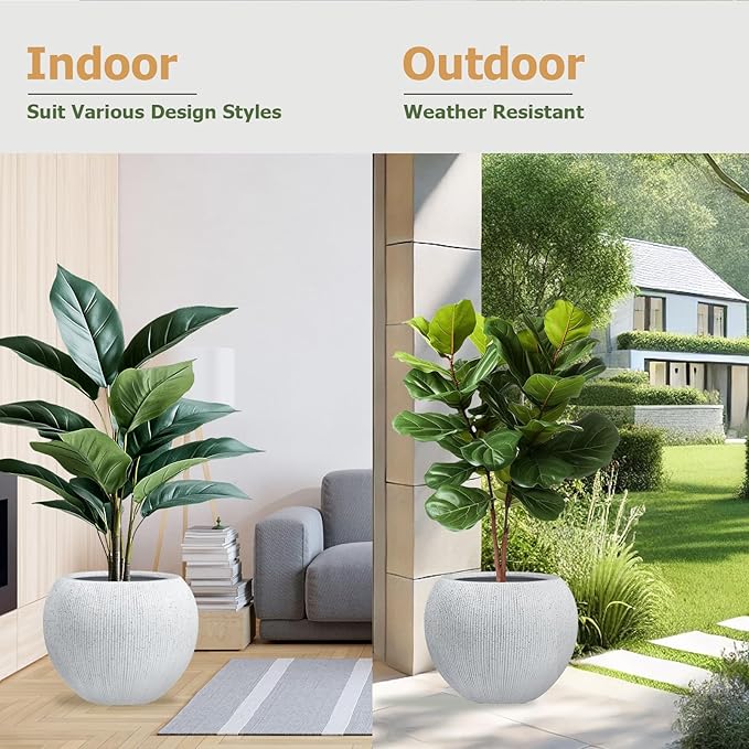 9.7"H x 12"D Globo Fiberstone Round Planter, Christmas Tree Planter, Weather Resistant, Ribbed Finish, Planters for Indoor Plants & Outdoor, Extra Coco Mats (Speckled White,7.8" Pot Opening)