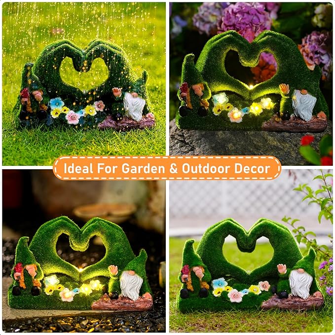 Solar Garden Gnome Decor Heart-Shaped Fairy Tale Outdoor Statue, Gifts for Women Mom Grandma Senior Elder, Green Resin Flocked Gnomes Decoration for Lawn, Patio, Yard