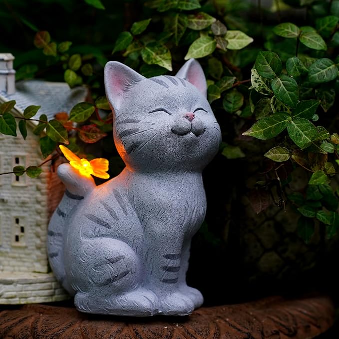 Solar Garden Cat Statue with LED Butterfly Light, Decorative Resin Outdoor Figurine 7.7in, Yard Lawn Ornaments Porch Patio Balcony Home House - Birthday Gifts for Grandma Mom Women