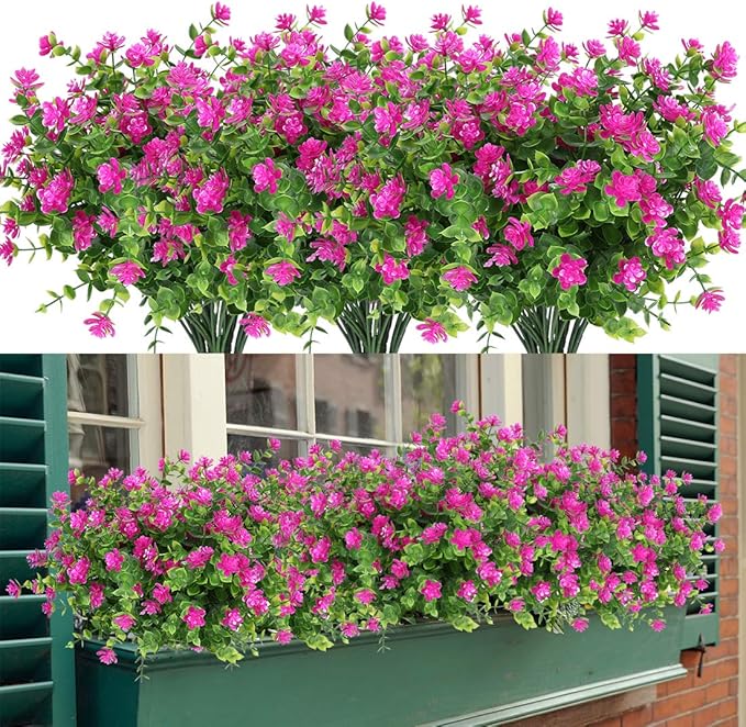 6 Bundles Artificial Flowers, Fake Artificial Greenery UV Resistant No Fade Faux Plastic Plants for Wedding Bridle Bouquet Indoor Outdoor Home Garden Kitchen Office Table Vase (Fuchsia)