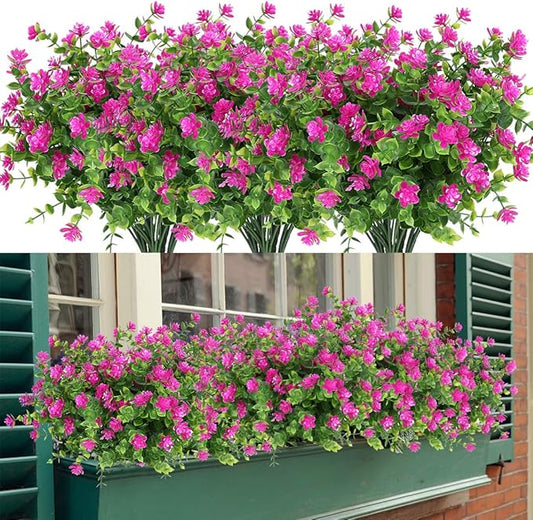 8 Bundles Artificial Flowers, Fake Artificial Greenery UV Resistant No Fade Faux Plastic Plants for Wedding Bridle Bouquet Indoor Outdoor Home Garden Kitchen Office Table Vase (Fuchsia)