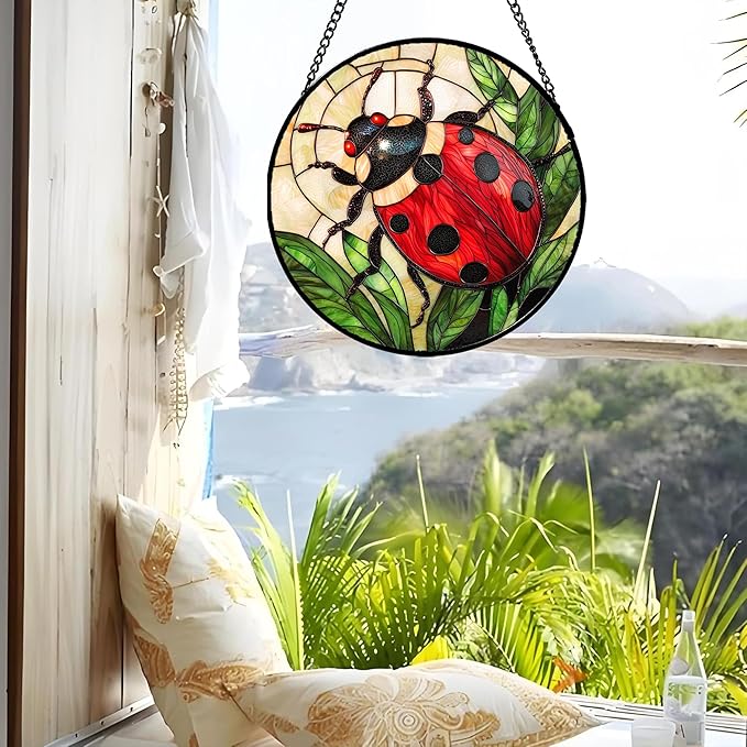 Stained Glass Window Hanging - Red Seven-Spotted Ladybug Sun Catcher for Door Home Decor Insect Suncatcher Christmas Mother's Day Birthday Gifts for Women Men Mom Nana 6.3 in