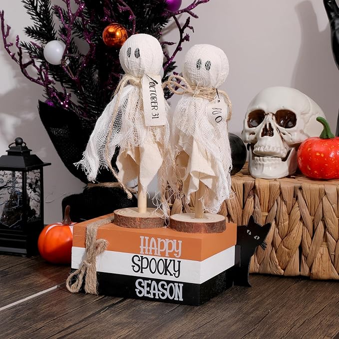 Halloween Decorations Indoor, 1 Set of Happy Spooky Season Wood Faux Books Stack,2 Primitive Halloween Ghosts on Wood Stand & 1 Black Cat Centerpiece for Tiered Tray Table Shelf Decor