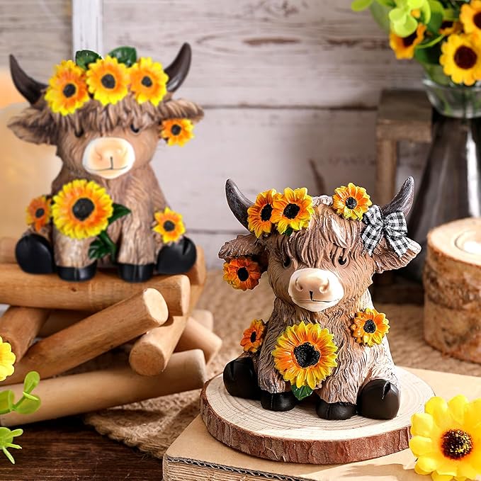 Wesiti 2 Pcs Sunflower Highland Cow Figurines Christmas Highland Cow Gift Gnomes Scottish Resin Statue Calf Lovers Gifts for Xmas Home Garden Kitchen Office Tiered Tray Table Decor(Sunflower)