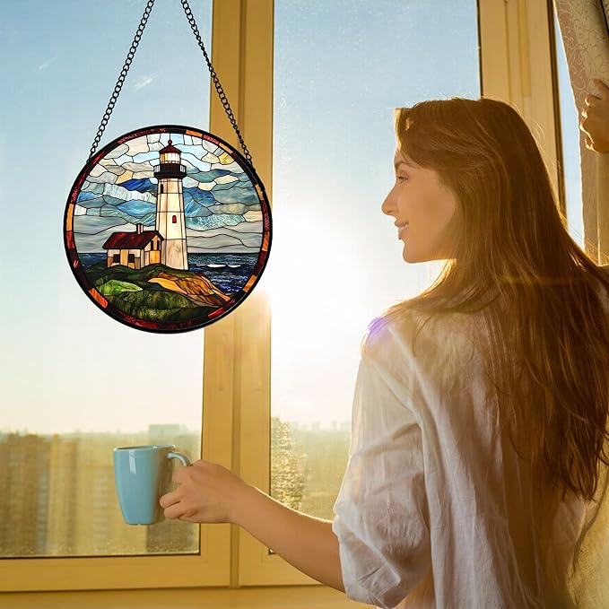 Stained Glass Window Hanging, Ocean Lighthouse Sun Catchers Glass Panel Blue Green Suncatcher Decor for Birthday for Women, Men, Wife, Aunt, and Mom 9.8 in