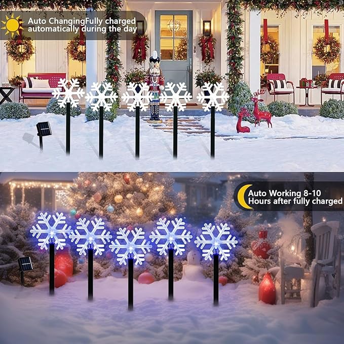 BRIGHTDECK Snowflake Solar Christmas Decorations Outdoor, 10 Pack LED, Waterproof Snowflake Pathway Lights, Stake Lights for Christmas Garden Decor (10Pcs Blue)