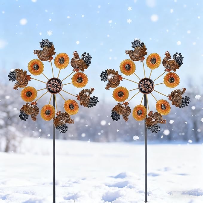 VEWOGARDEN 2PCS Wind Spinners Outdoor, Metal Wind Spinners with Sunflower and Hen Design for Yard Garden Lawn Thanksgiving Decorations