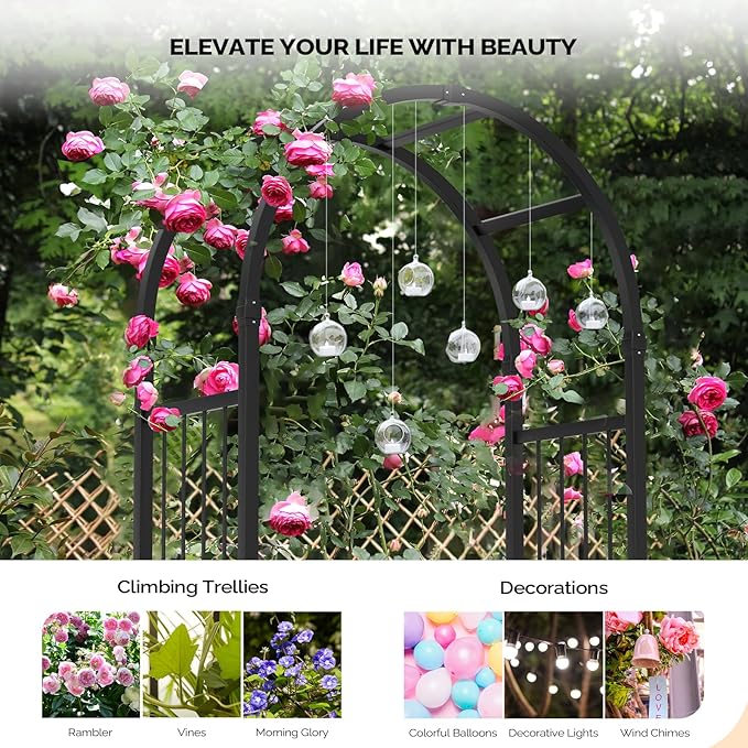 VINGLI Garden Arbor with Gate, PVC Wedding Arch for Ceremony Party, Trellis for Climbing Plants Outdoor for Backyard, Lawn (Black)
