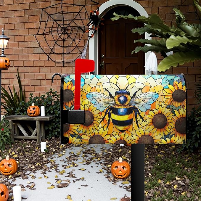 Summer Bee Mailbox Covers Magnetic Sunflower Mail Box Cover Fall Flower Mailbox Wraps for Outside Garden Yard Autumn Flower 25.5x21 inch