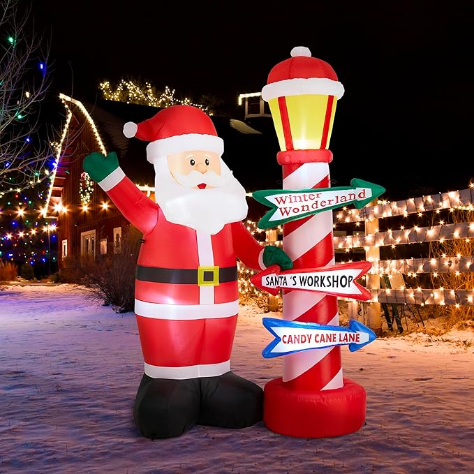 eUty 7ft Christmas Inflatable Outdoor Decoration Lighted Santa with Lamp Post Sign Decor Waterproof Christmas Blow Up Yard Decorations for Xmas Holiday Party Yard Garden Lawn Decor