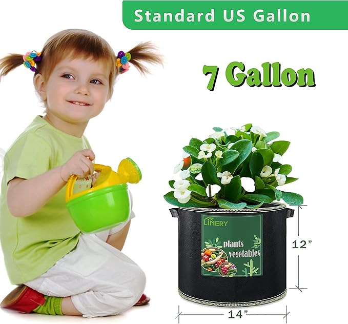 LINERY 10-Pack 7 Gallon Grow Bag Planting Black Heavy Duty Thickened Grow Bag with Handles Non-Woven Fabric Plant Pots (10-Pack 7 Gallon)