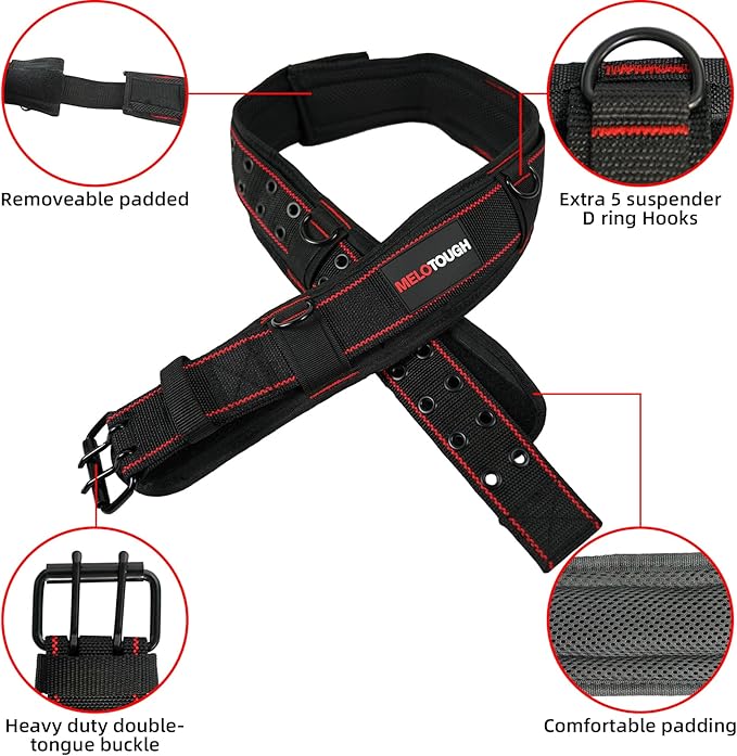 MELOTOUGH Padded Tool Belt with D ring for men construction Strong Durable Double Metal Roller Buckle,adjustable waist 44'-53'thick confortable foam padding (XXL)