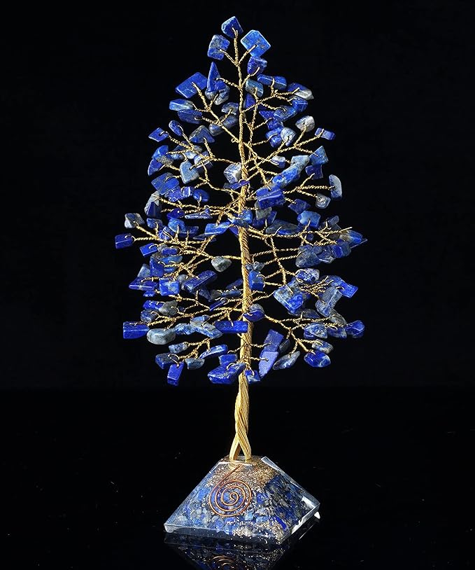 Lapis Lazuli Crystal Tree with Orgone Pyramid Base Blue Desk Decor Healing Crystals Bonsai Tree Blue Gifts for Women Office & Shelf Home Room Decor For Mom Sister Girlfriend Present Housewarming