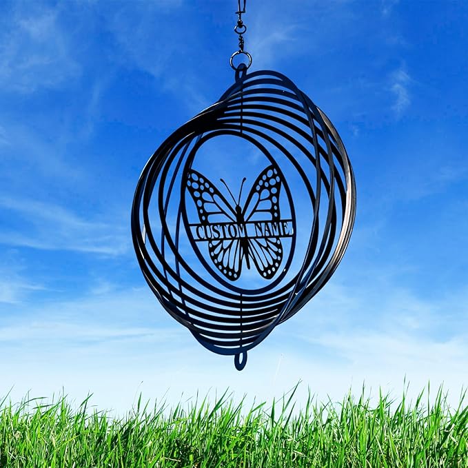 Personalized Wind Spinners Outdoor Butterfly, Custom Name Garden Wind Spinners, Hanging Outdoor Decor, Yard Art, Metal Hanging Wind Spinner for Indoor Lawn Patio Porch, Customized Gifts Color08