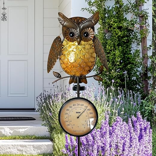 HONGLAND Solar Outdoor Temp Stakes Outdoor Thermometers for Outside Metal Owl Waterproof Patio Lawn Temperature with Solar Warm LED Lights for Yard and Garden, Holiday Gifts for Man Woman