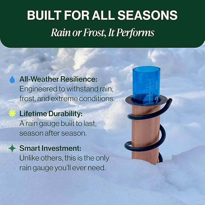WCRG Copper Rain Gauge for Yard, Rail-Mounted Steel Clamp - Outdoor Sprinkler Gauges, Shatterproof, Winter-Safe, Accurate, Decorative - The Original Floating Rain Gauge, USA Assembled & Designed