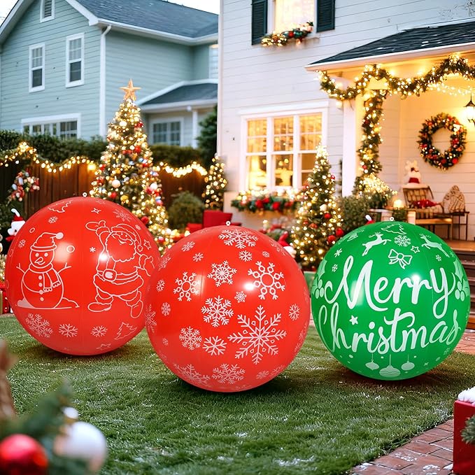 3 PCS 32 Inch Christmas Inflatable Balloons PVC Large Christmas Inflatable Outdoor Balls for Xmas Garden Lawn Yard Holiday Front Door Decoration