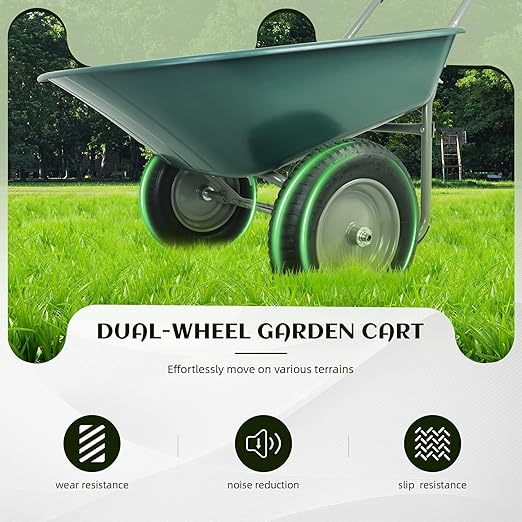 Wheelbarrow Garden Cart, Heavy Duty Home Utility, Dual-Wheel Home Garden Yard Utility Wheelbarrow Cart with Built-in Stand, Green